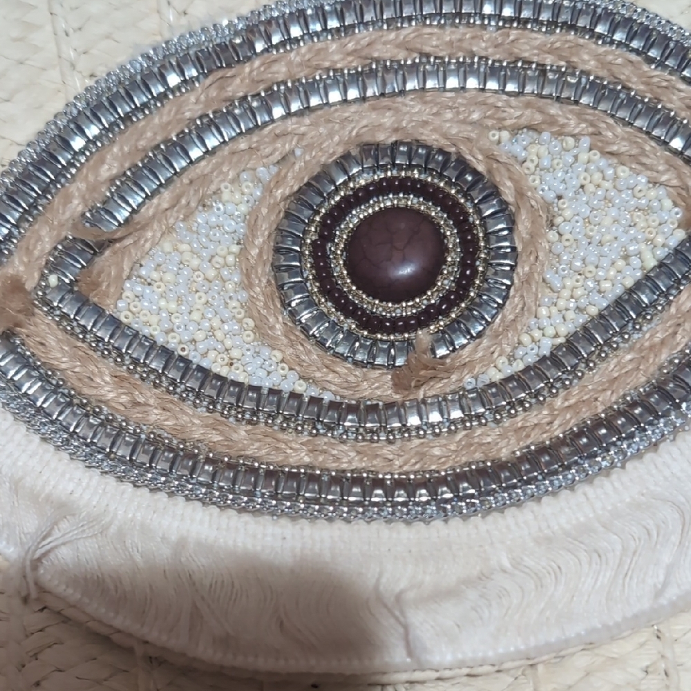 Cream and Brown Woven Crossbody Bag Bejeweled Eye Zipper - Picture 2 of 9
